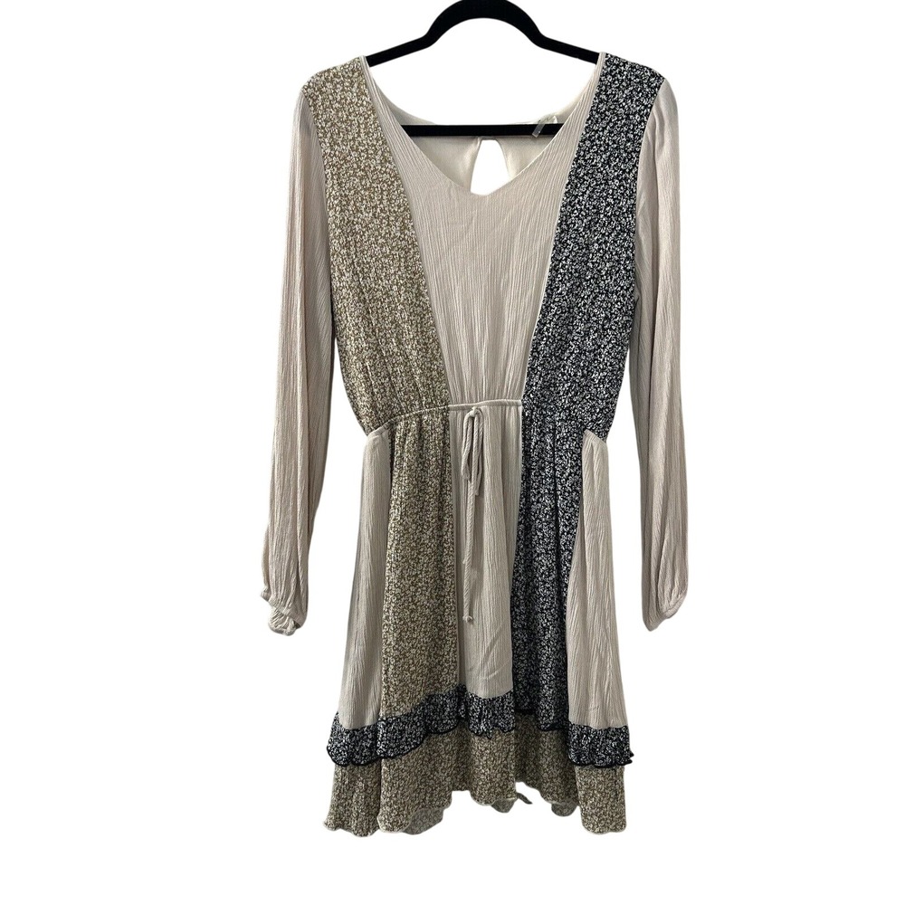 143 Story Floral Patchwork Mini Dress M Beige Mixed Print Boho Cottagecore